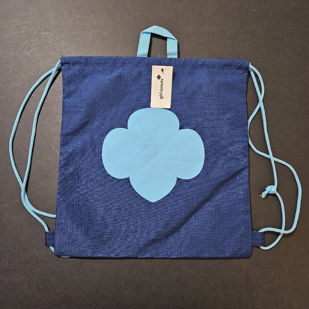 My Girl Scout Kit Bag cinch sack drawstring backpack, blue on blue trefoil NWT